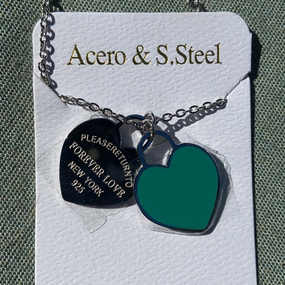 Acero & S.Steel double heart silver and teal enamel pendants, “FOREVER LOVE” - Picture 2 of 5